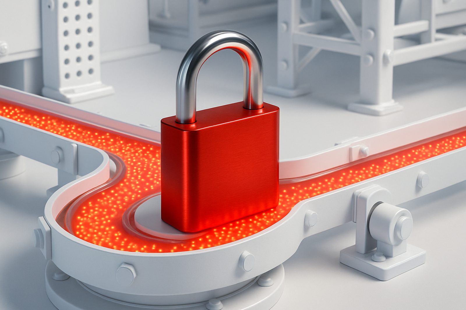 Abstract artwork: a red padlock on an industrial production line